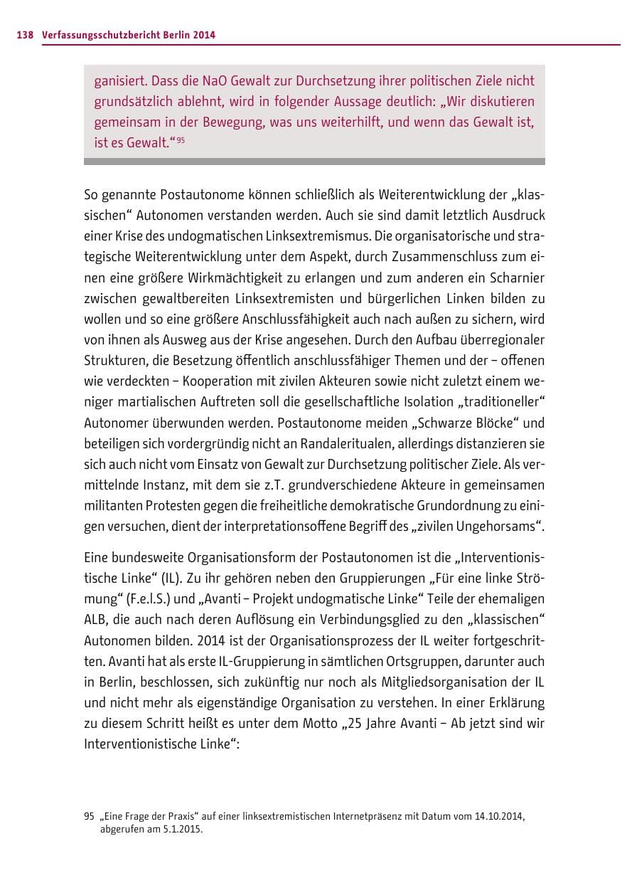 Seite 138 des Verfassungsschutzbericht 2014 Berlin