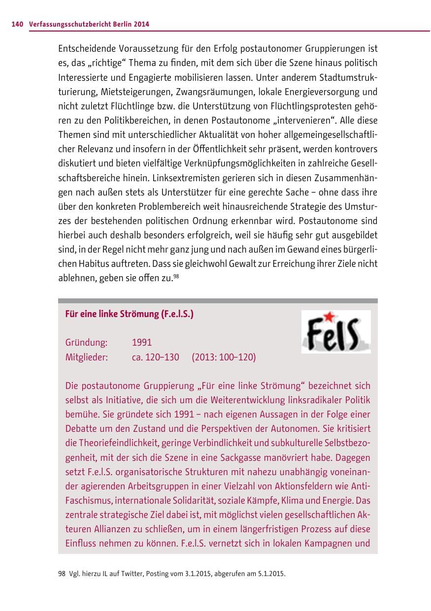 Seite 140 des Verfassungsschutzbericht 2014 Berlin