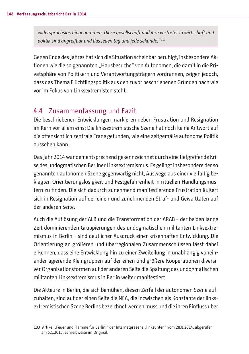 Seite 148 des Verfassungsschutzbericht 2014 Berlin