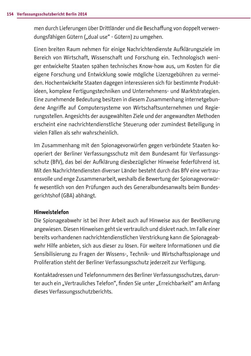 Seite 154 des Verfassungsschutzbericht 2014 Berlin