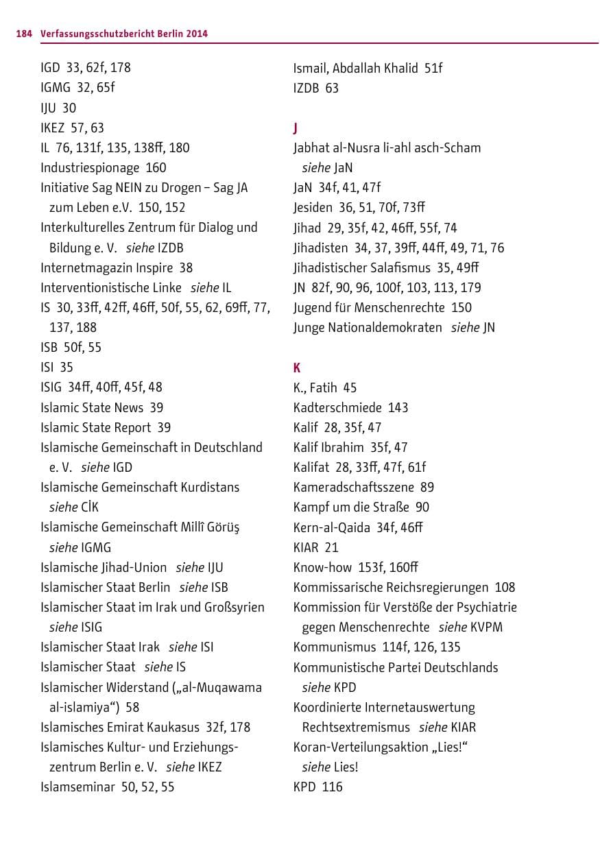 Seite 184 des Verfassungsschutzbericht 2014 Berlin