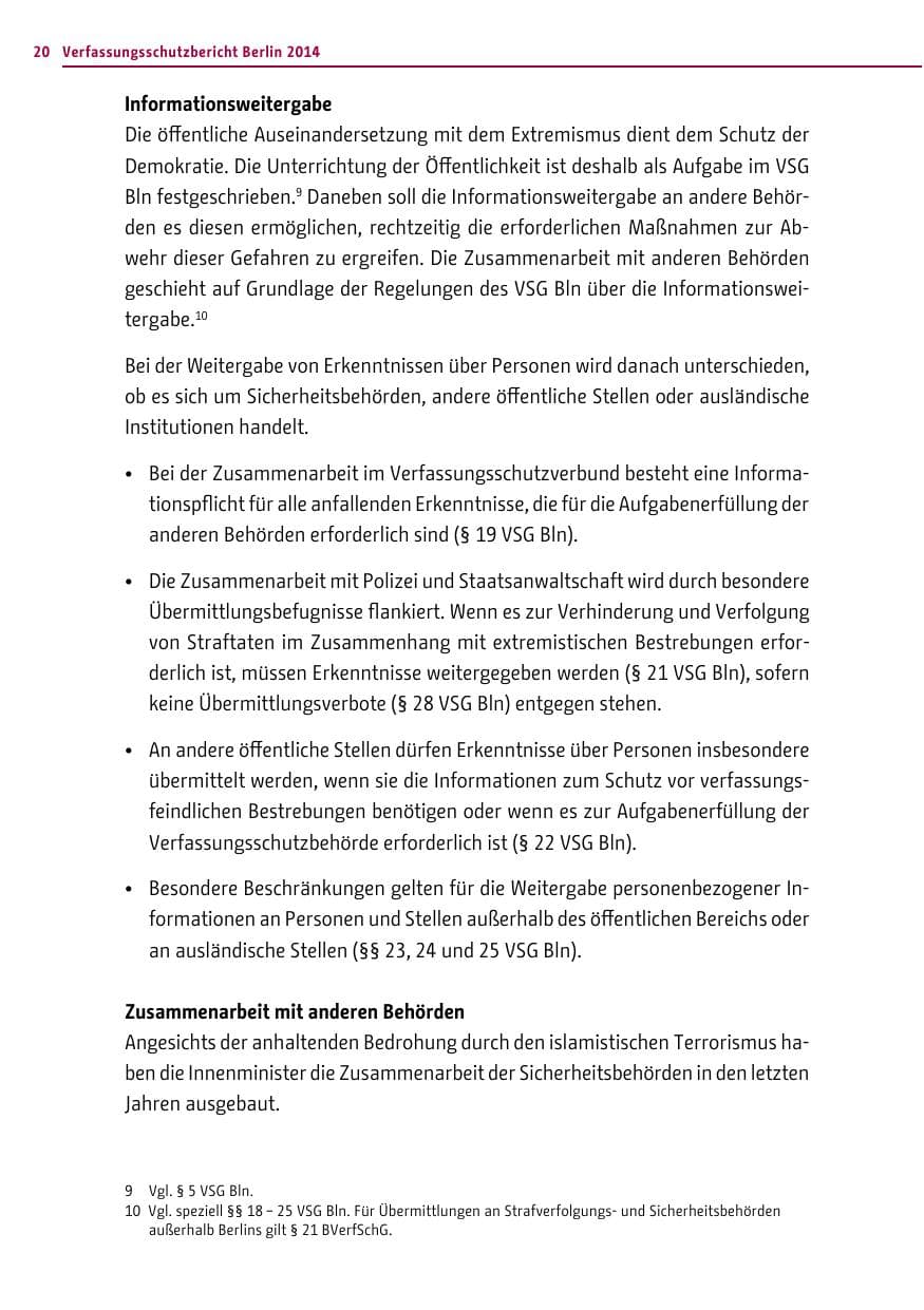 Seite 20 des Verfassungsschutzbericht 2014 Berlin