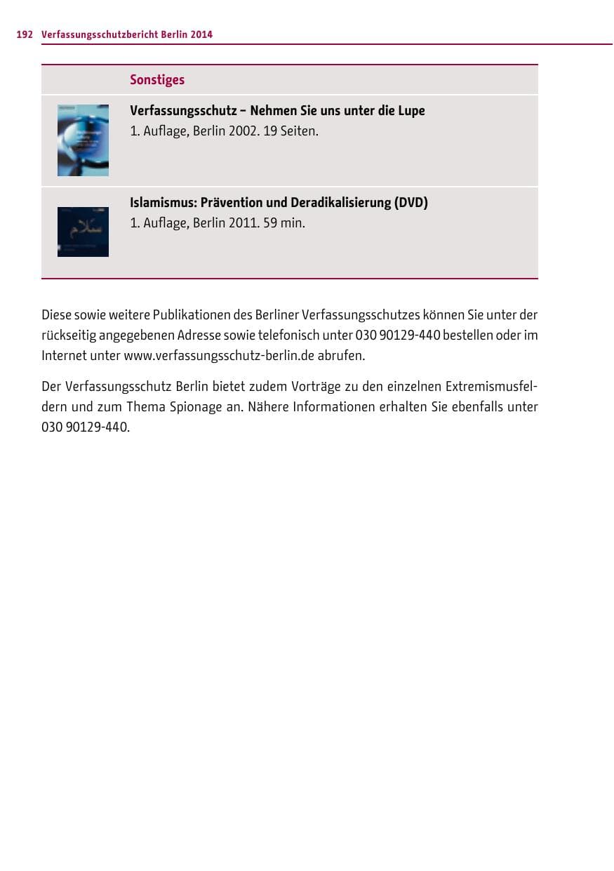 Seite 192 des Verfassungsschutzbericht 2014 Berlin