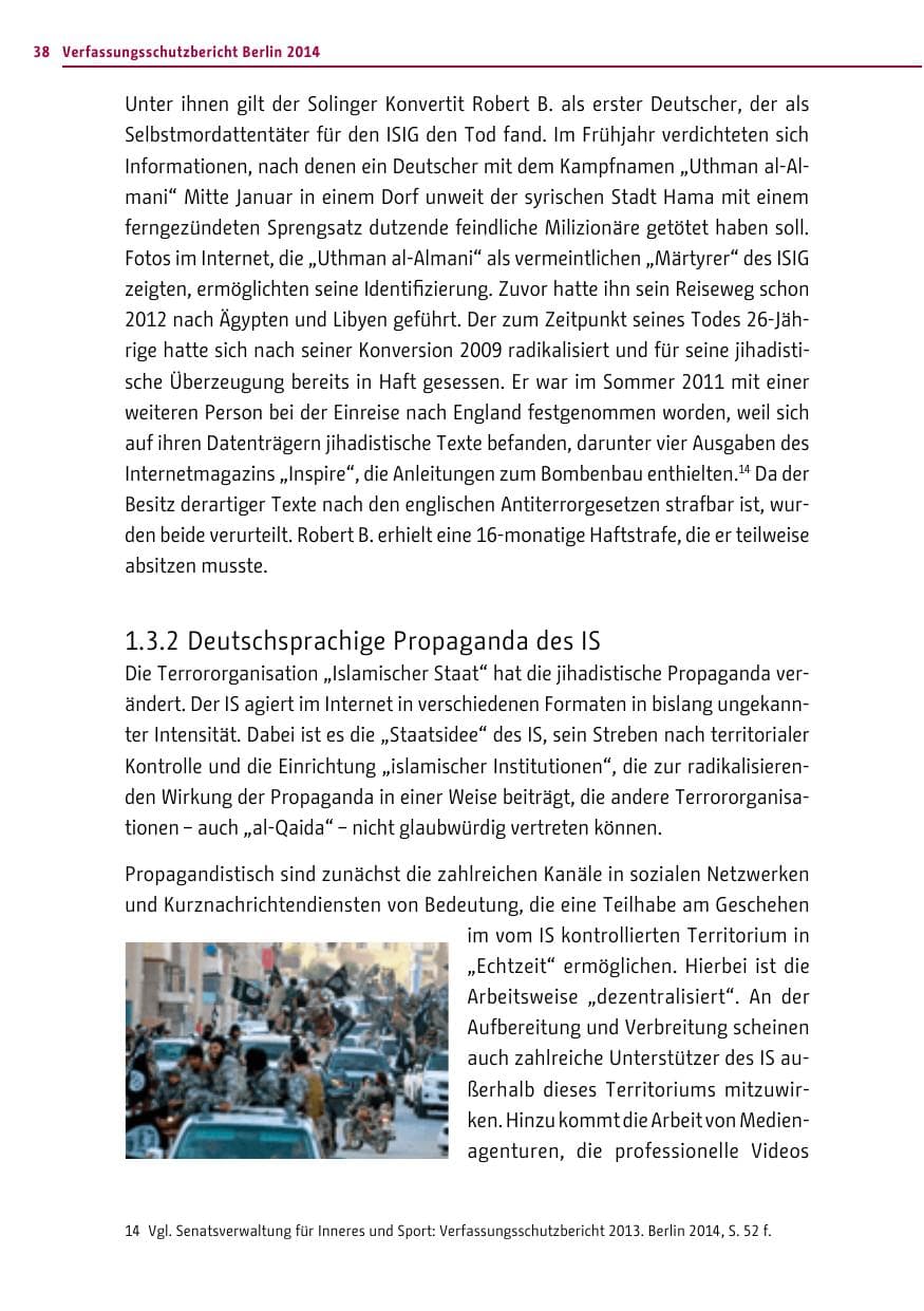 Seite 38 des Verfassungsschutzbericht 2014 Berlin