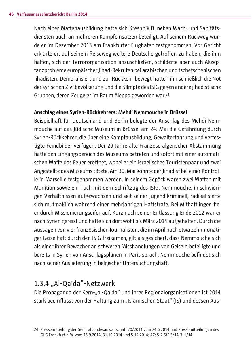 Seite 46 des Verfassungsschutzbericht 2014 Berlin