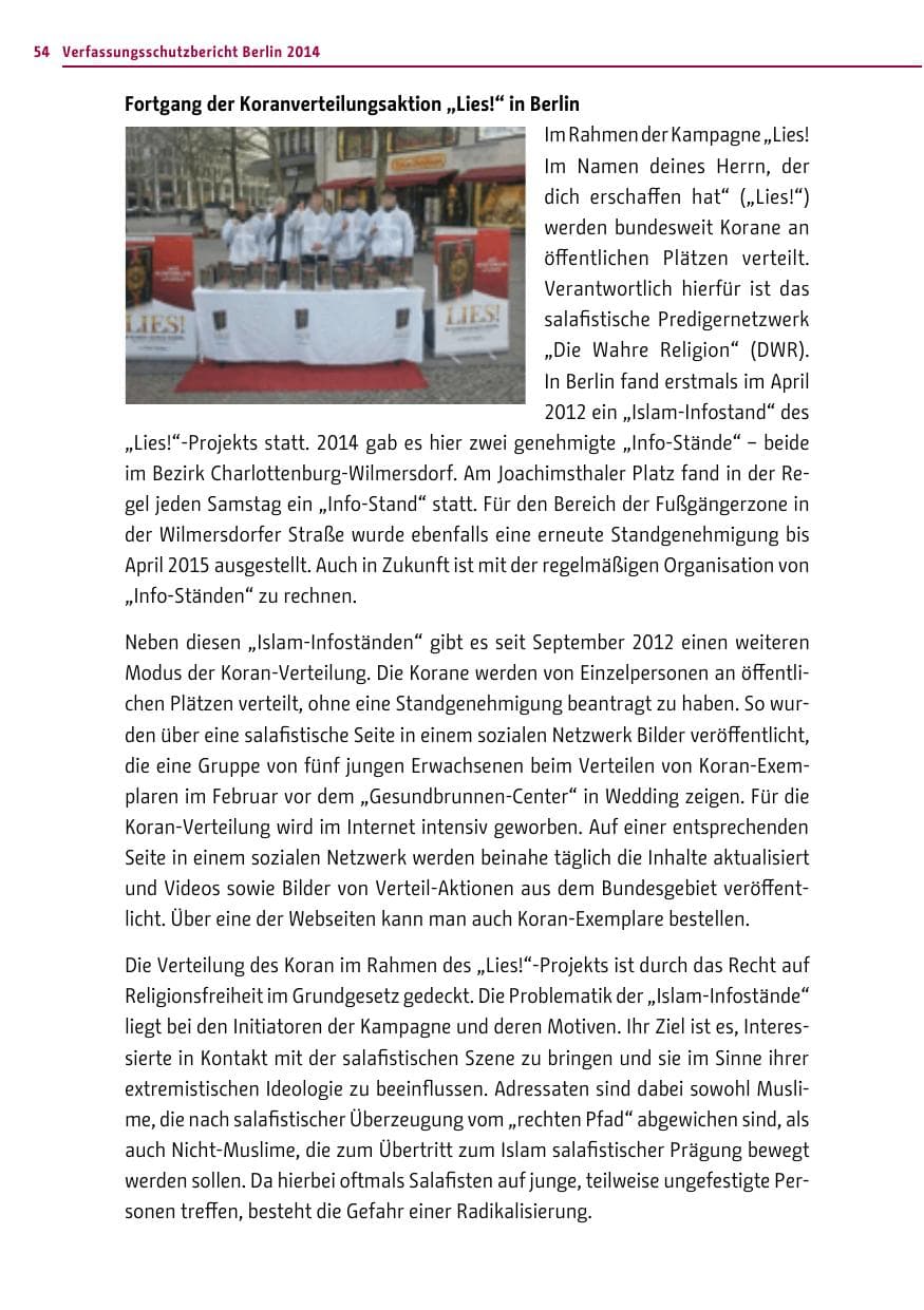 Seite 54 des Verfassungsschutzbericht 2014 Berlin