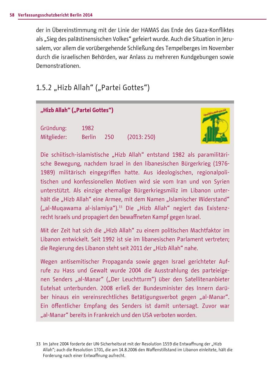 Seite 58 des Verfassungsschutzbericht 2014 Berlin