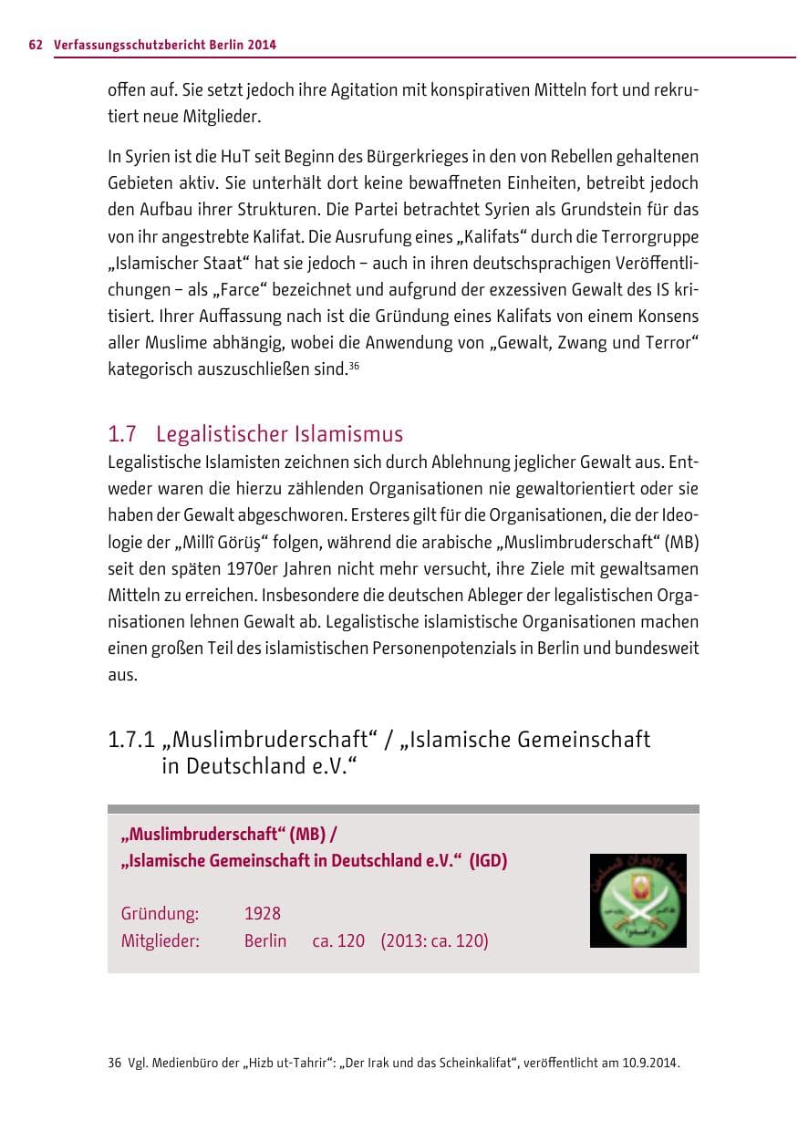 Seite 62 des Verfassungsschutzbericht 2014 Berlin