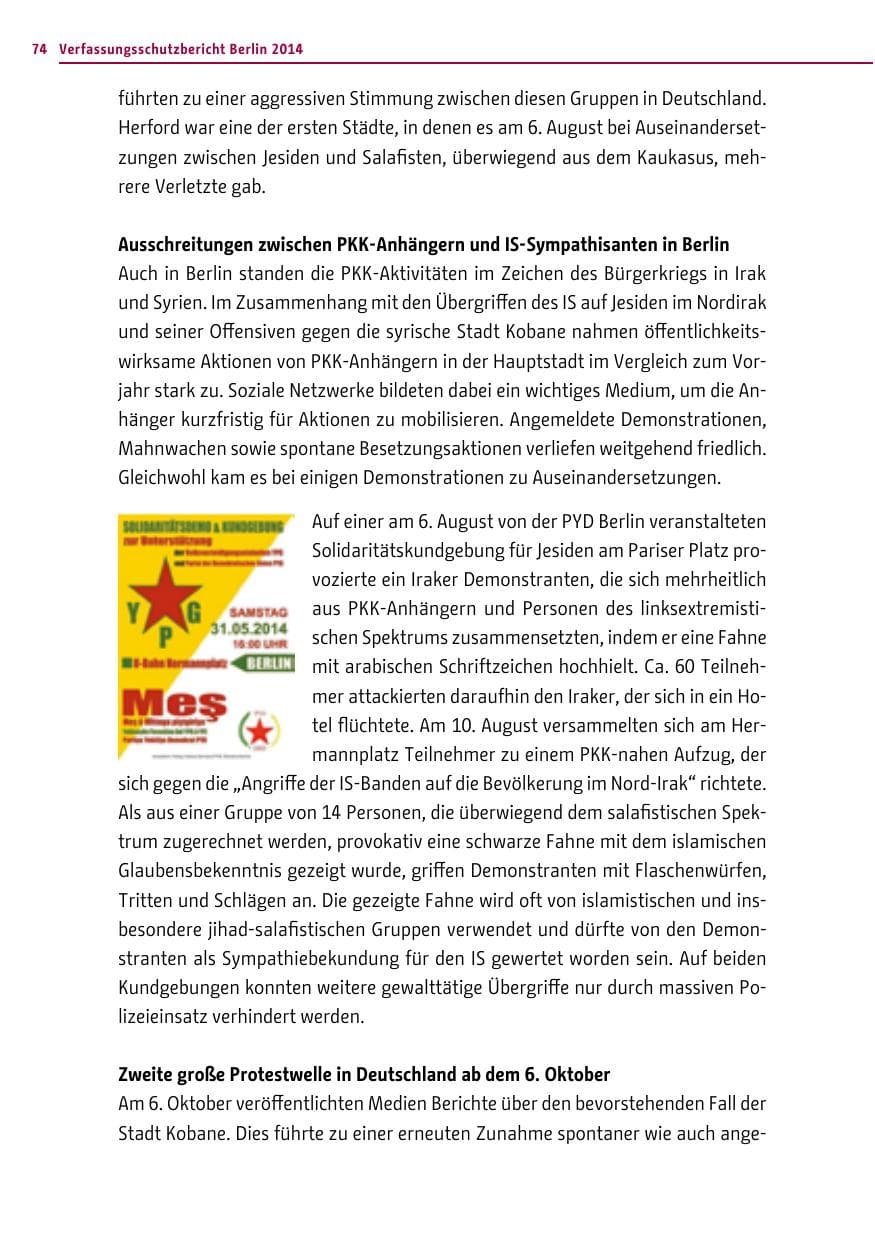 Seite 74 des Verfassungsschutzbericht 2014 Berlin