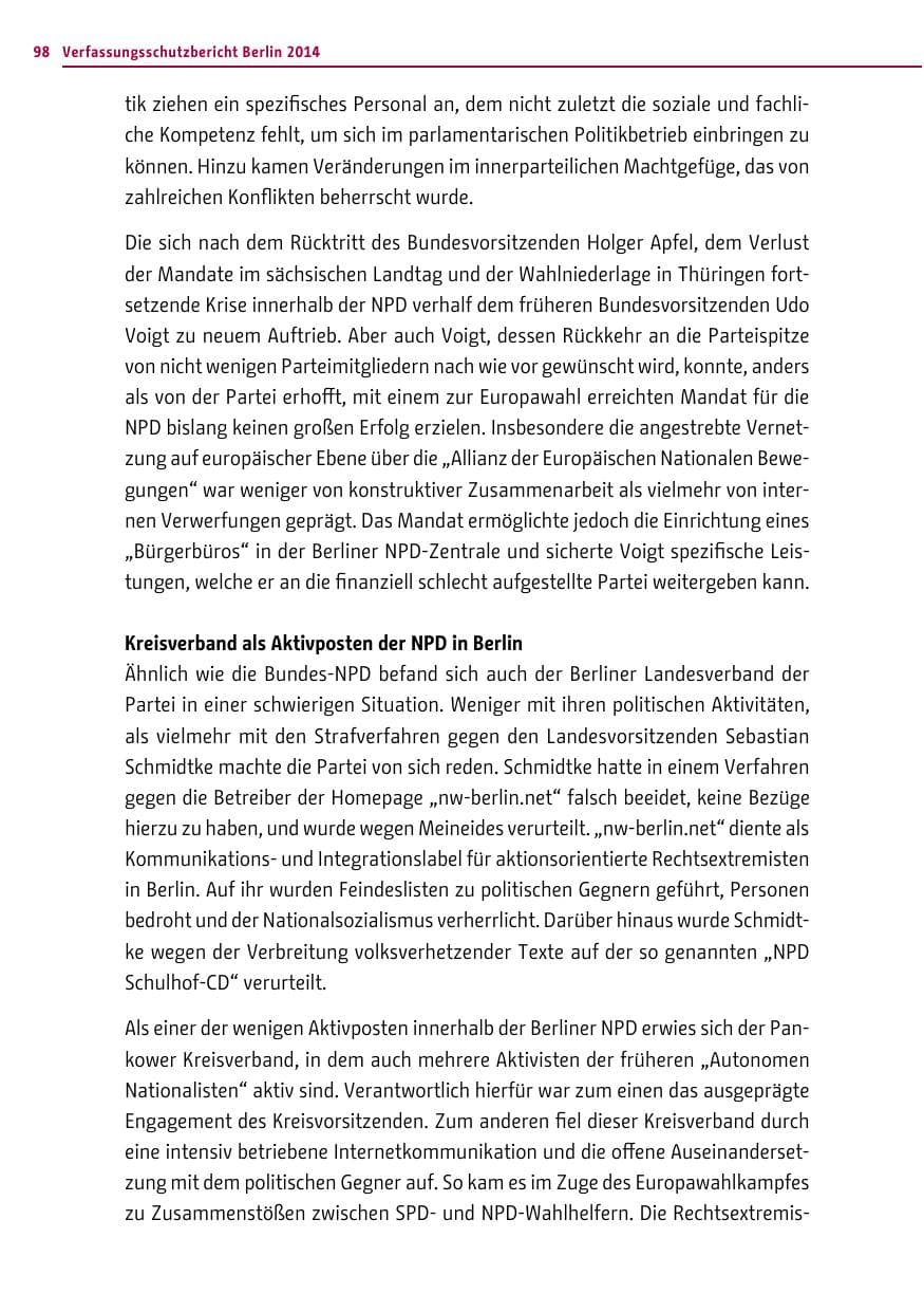 Seite 98 des Verfassungsschutzbericht 2014 Berlin
