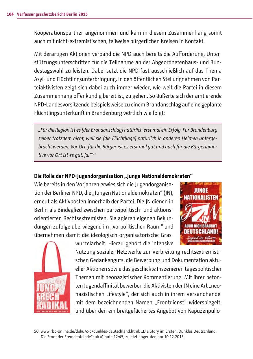 Seite 104 des Verfassungsschutzbericht 2015 Berlin