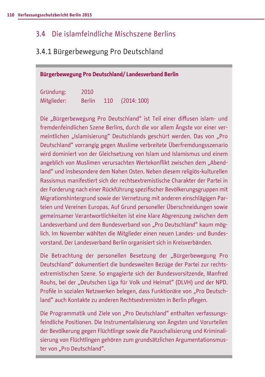 Seite 110 des Verfassungsschutzbericht 2015 Berlin
