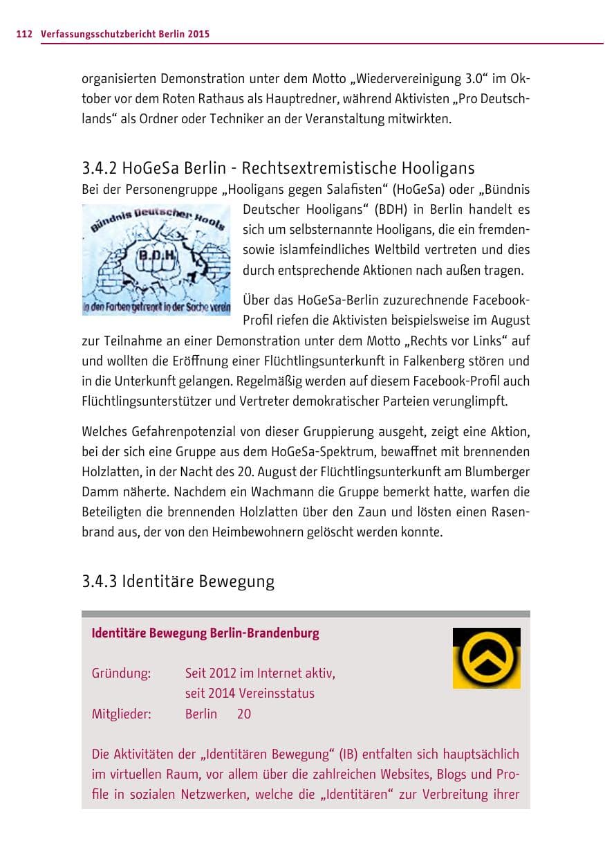 Seite 112 des Verfassungsschutzbericht 2015 Berlin
