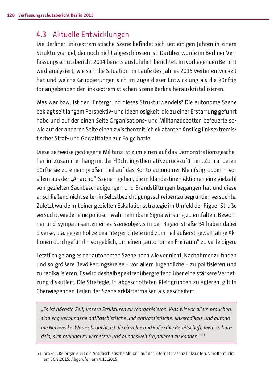 Seite 128 des Verfassungsschutzbericht 2015 Berlin