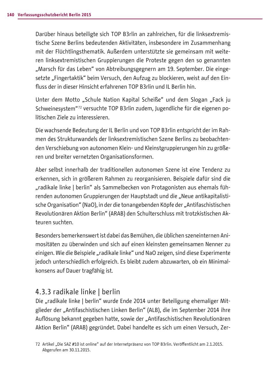 Seite 140 des Verfassungsschutzbericht 2015 Berlin