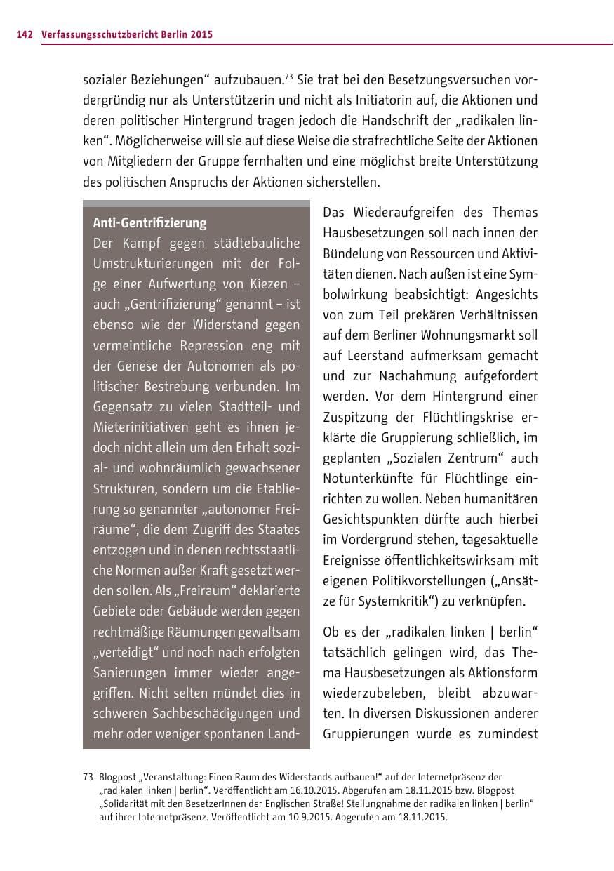 Seite 142 des Verfassungsschutzbericht 2015 Berlin