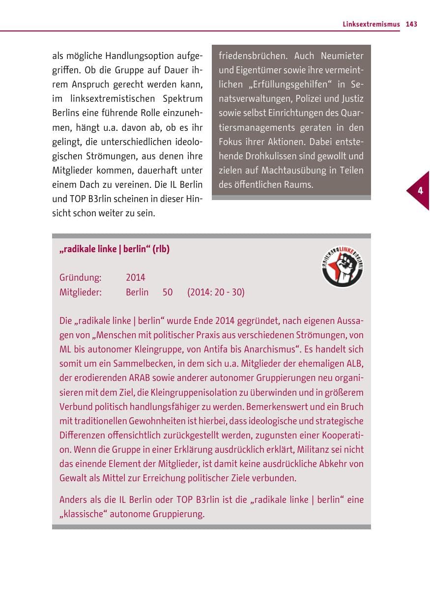 Seite 143 des Verfassungsschutzbericht 2015 Berlin