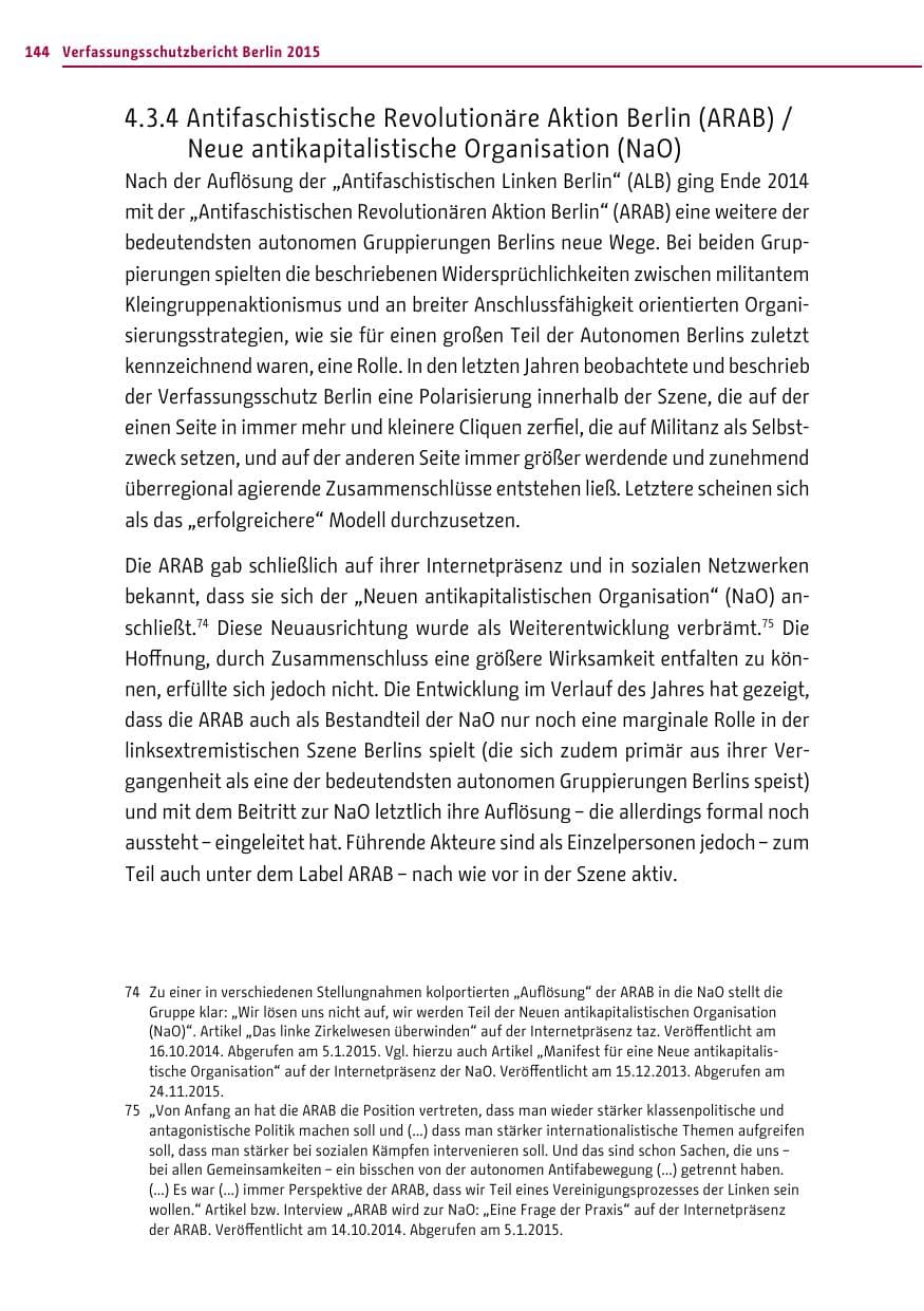 Seite 144 des Verfassungsschutzbericht 2015 Berlin