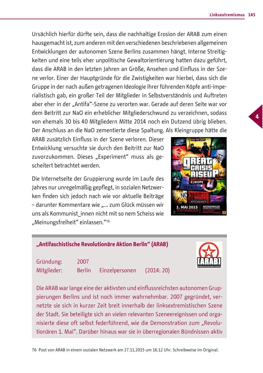Seite 145 des Verfassungsschutzbericht 2015 Berlin