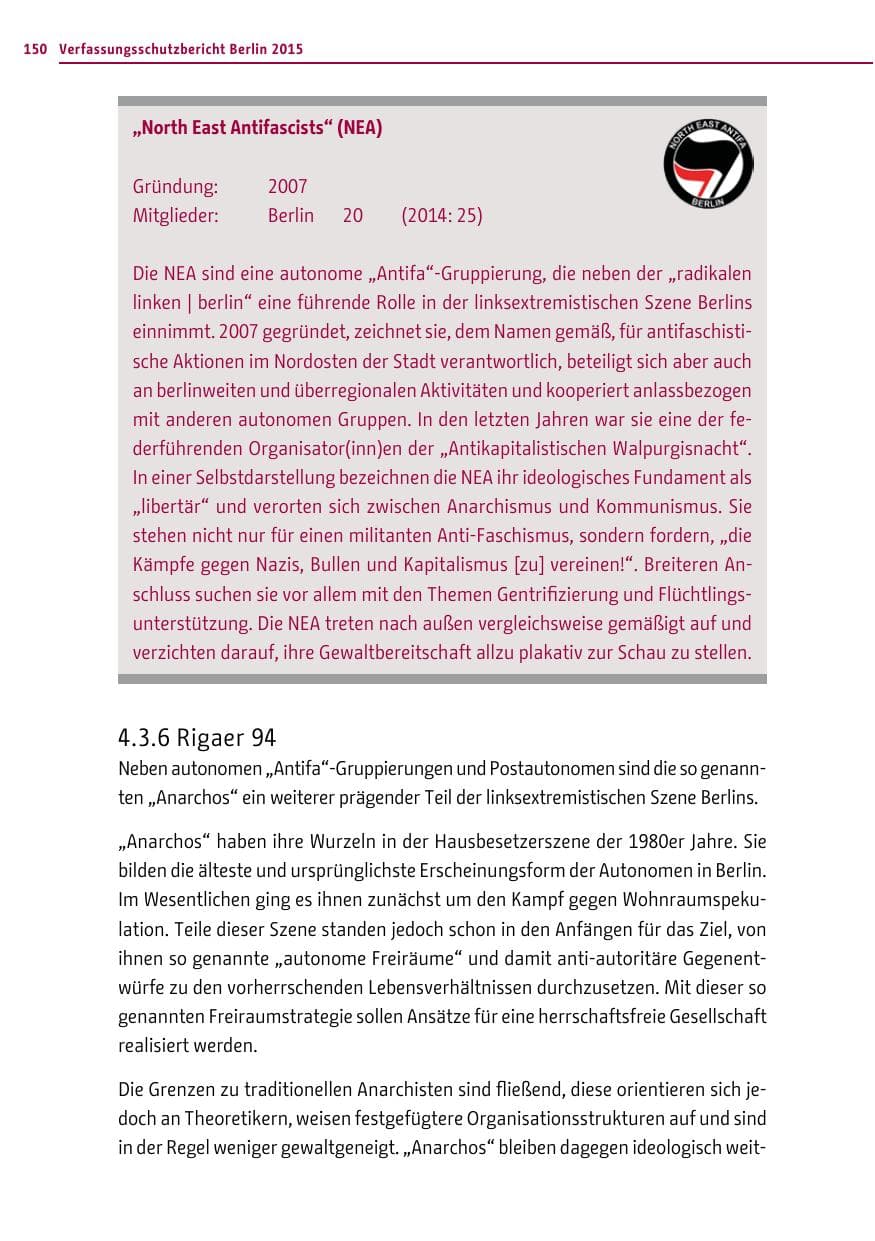 Seite 150 des Verfassungsschutzbericht 2015 Berlin