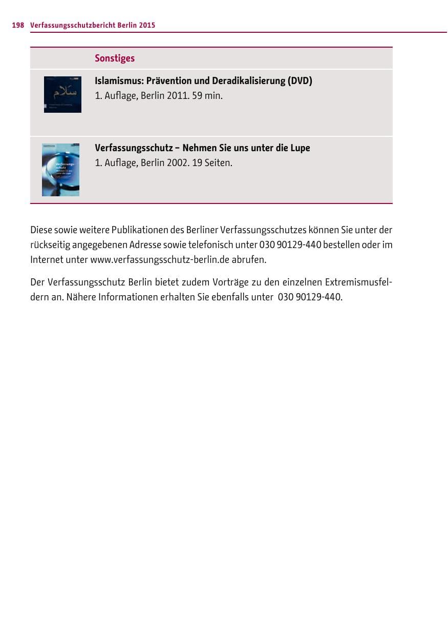 Seite 198 des Verfassungsschutzbericht 2015 Berlin