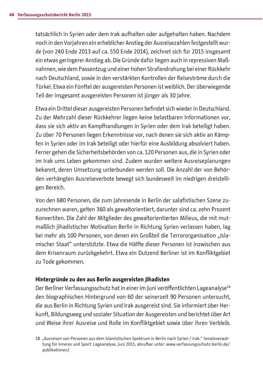 Seite 44 des Verfassungsschutzbericht 2015 Berlin