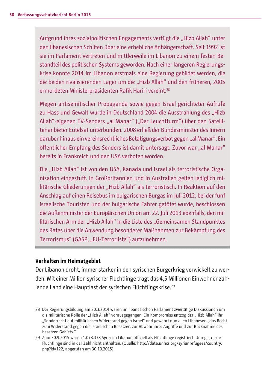 Seite 58 des Verfassungsschutzbericht 2015 Berlin