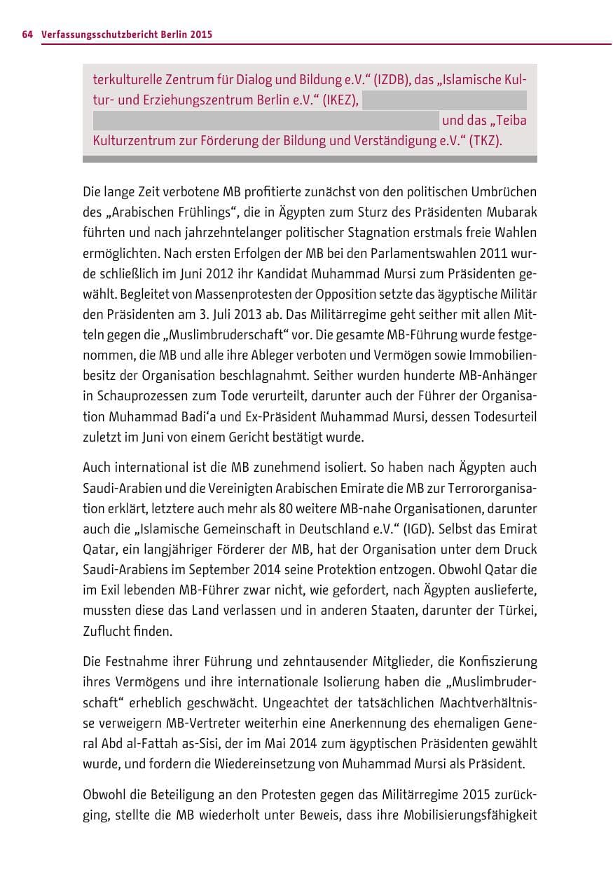 Seite 64 des Verfassungsschutzbericht 2015 Berlin