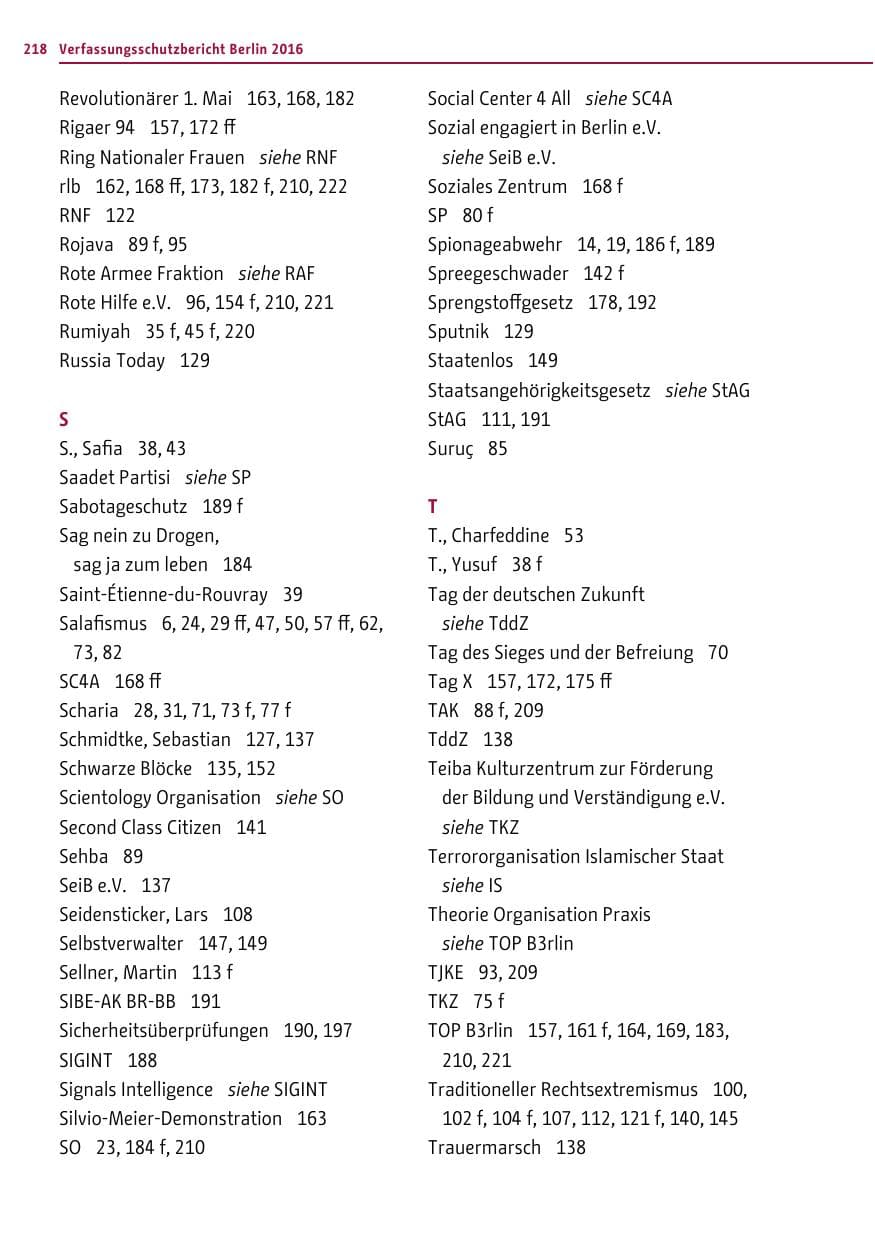 Seite 217 des Verfassungsschutzbericht 2016 Berlin