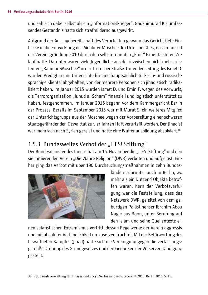 Seite 63 des Verfassungsschutzbericht 2016 Berlin