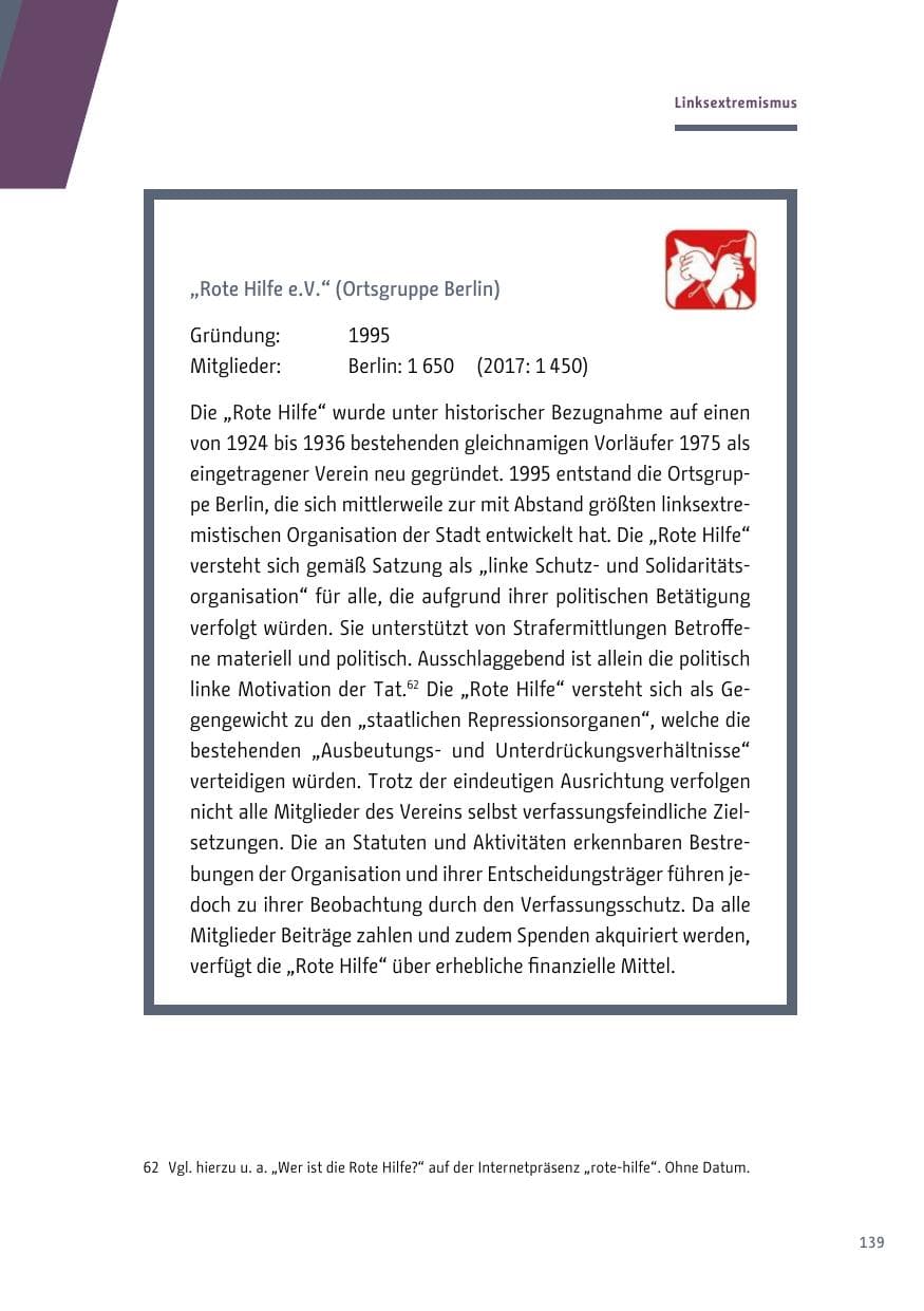 Seite 139 des Verfassungsschutzbericht 2018 Berlin