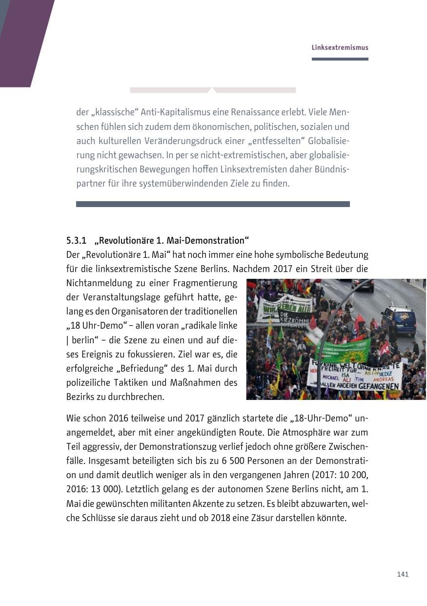 Seite 141 des Verfassungsschutzbericht 2018 Berlin
