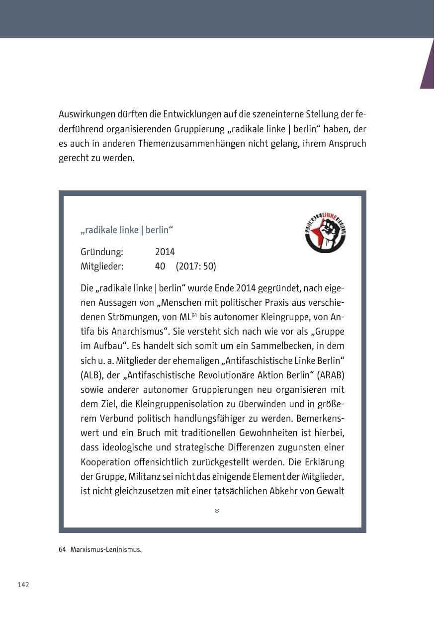 Seite 142 des Verfassungsschutzbericht 2018 Berlin