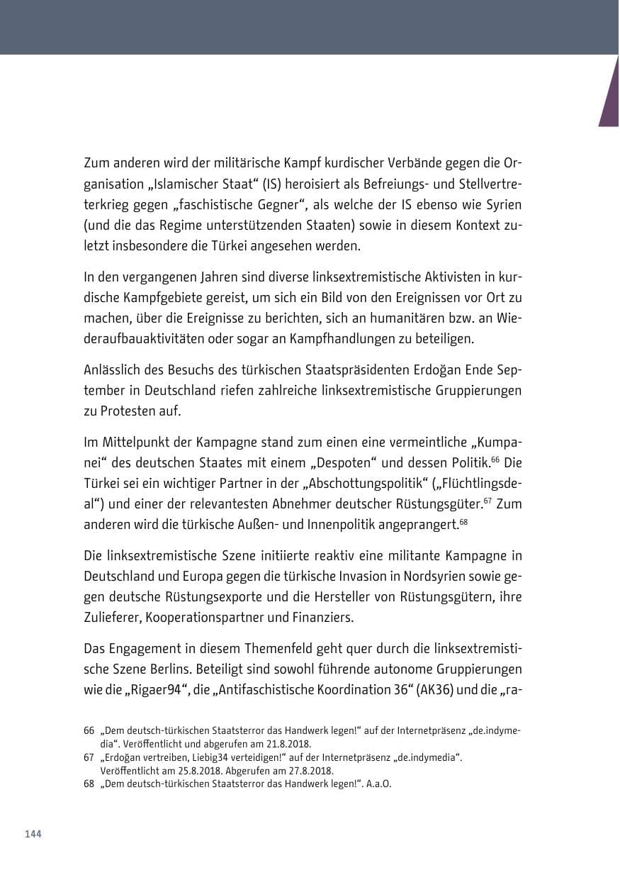 Seite 144 des Verfassungsschutzbericht 2018 Berlin