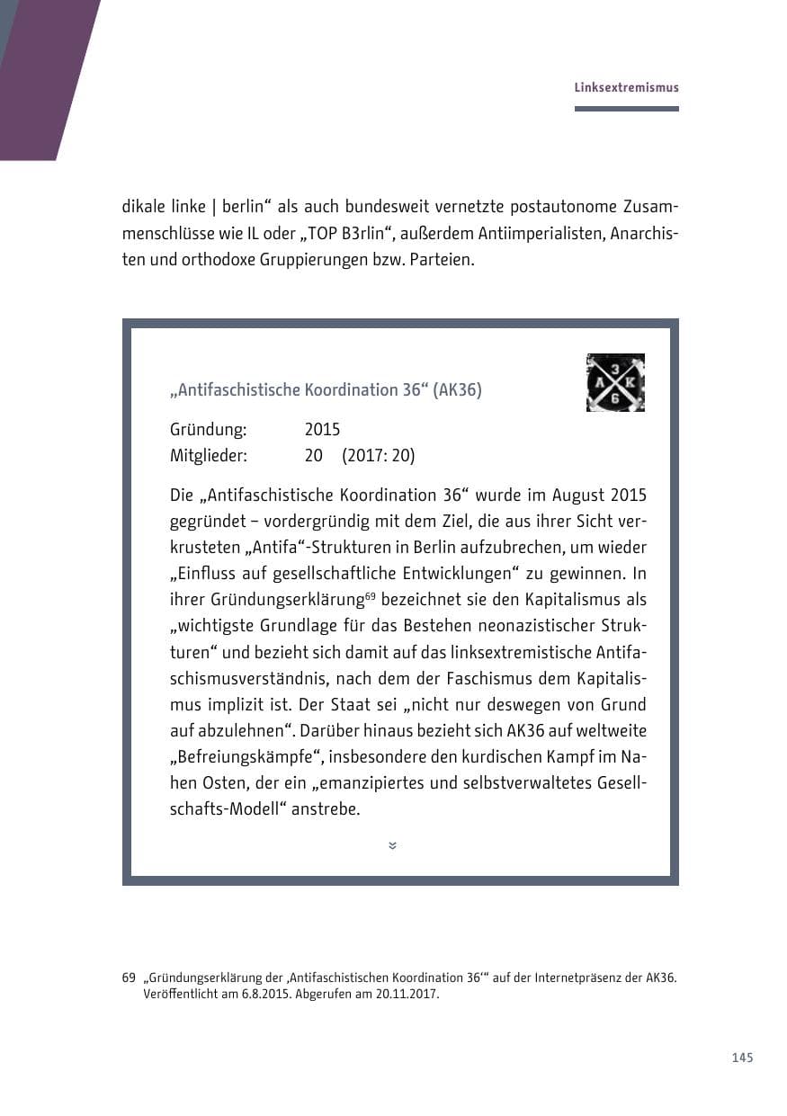 Seite 145 des Verfassungsschutzbericht 2018 Berlin
