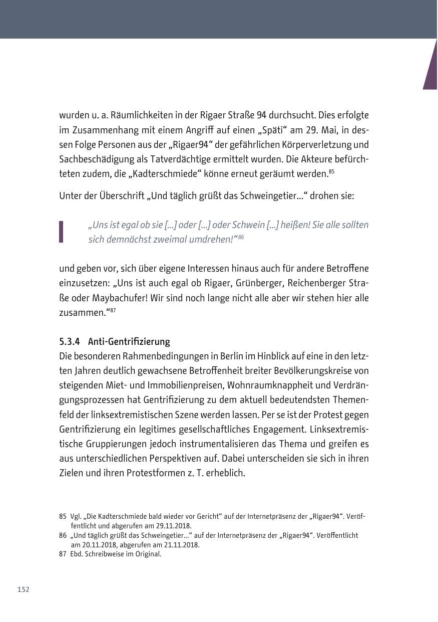 Seite 152 des Verfassungsschutzbericht 2018 Berlin