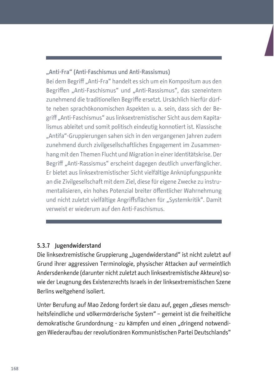 Seite 168 des Verfassungsschutzbericht 2018 Berlin