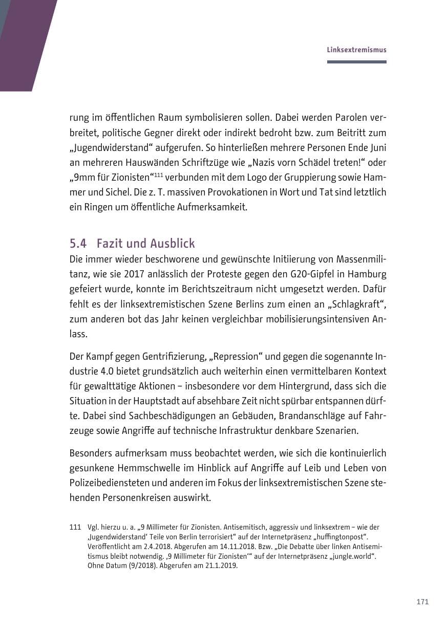 Seite 171 des Verfassungsschutzbericht 2018 Berlin
