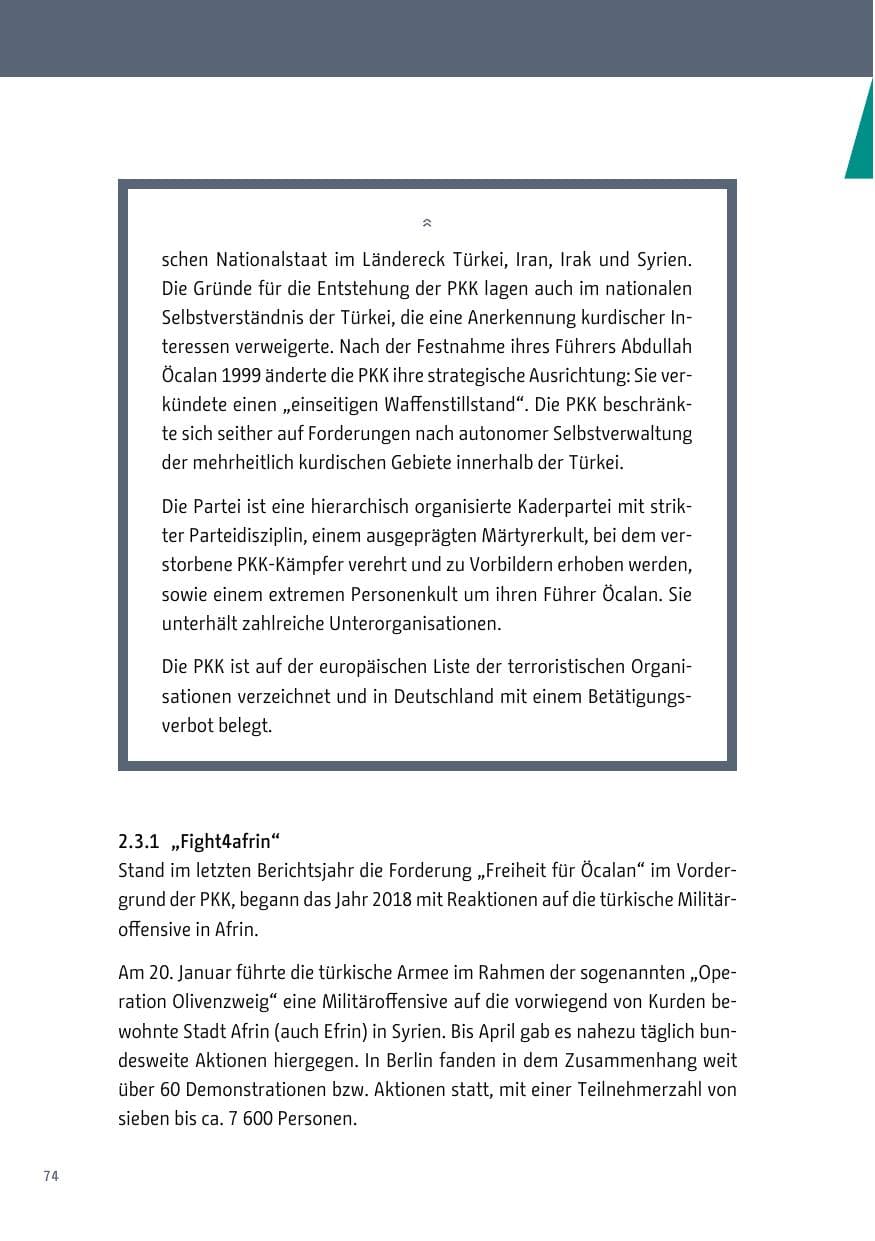 Seite 74 des Verfassungsschutzbericht 2018 Berlin