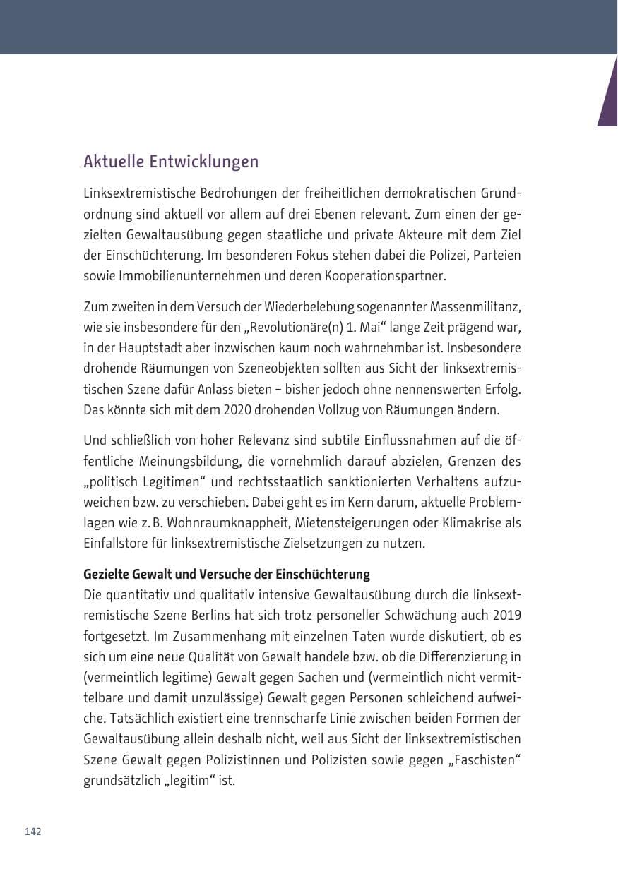 Seite 142 des Verfassungsschutzbericht 2019 Berlin