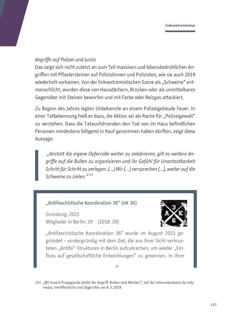 Seite 143 des Verfassungsschutzbericht 2019 Berlin