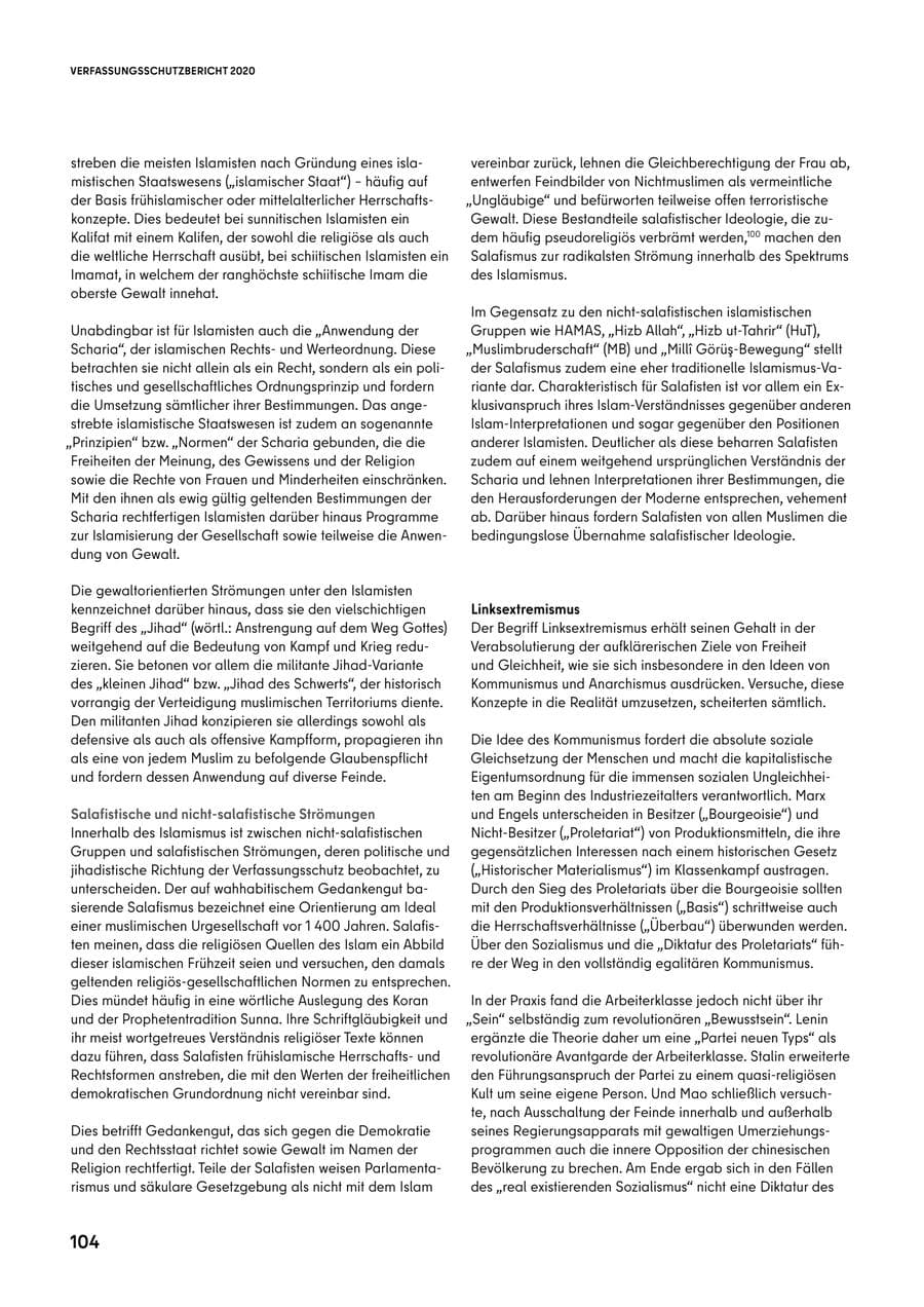 Seite 104 des Verfassungsschutzbericht 2020 Berlin