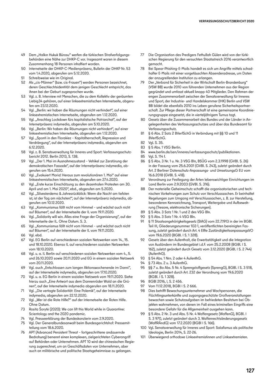 Seite 127 des Verfassungsschutzbericht 2020 Berlin