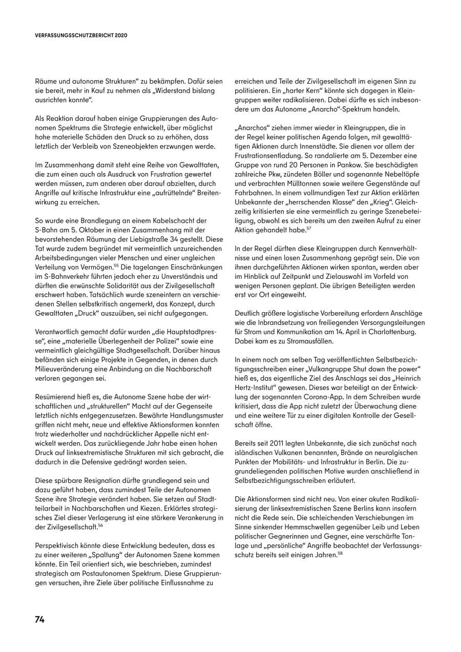 Seite 74 des Verfassungsschutzbericht 2020 Berlin