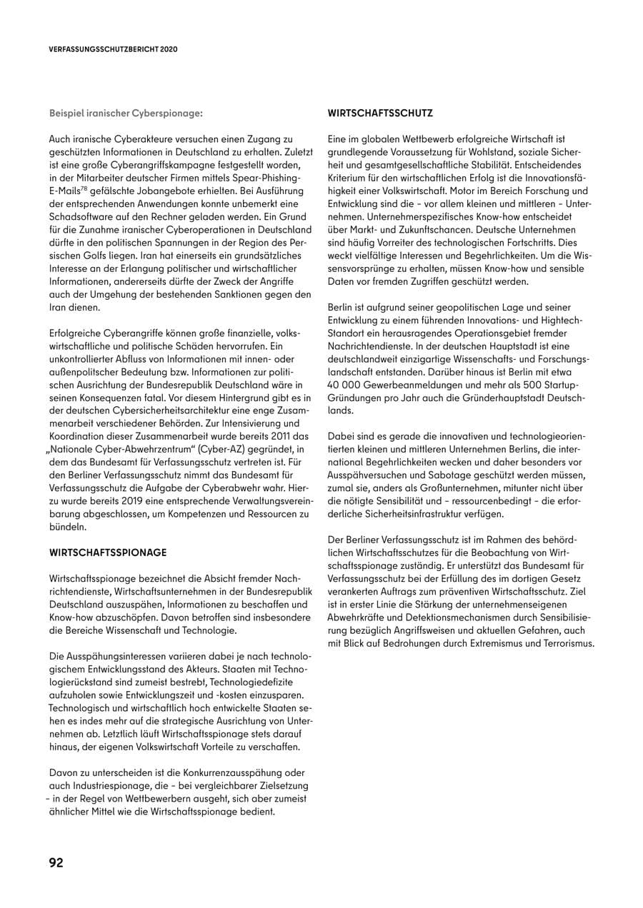 Seite 92 des Verfassungsschutzbericht 2020 Berlin