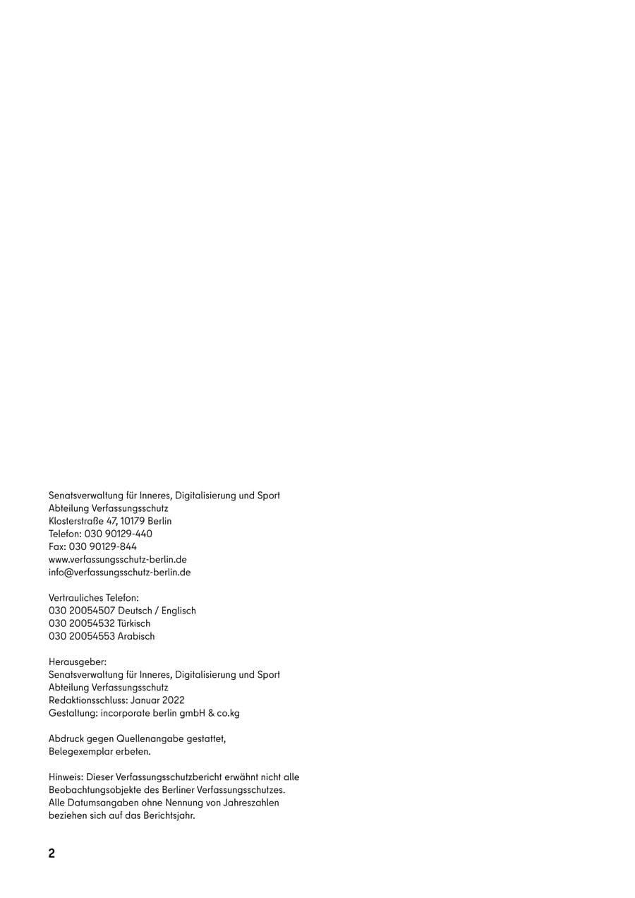 Seite 2 des Verfassungsschutzbericht 2021 Berlin