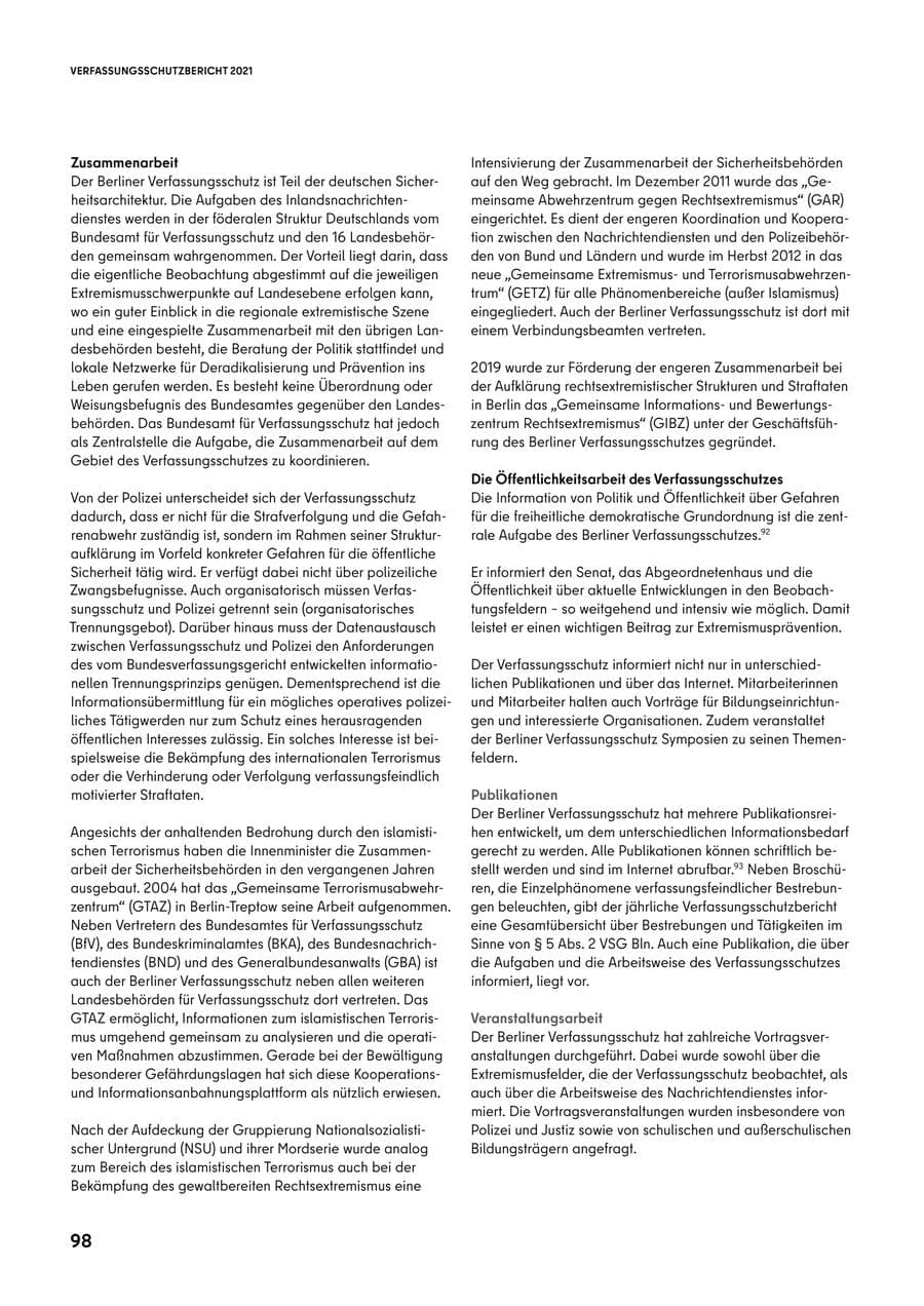 Seite 98 des Verfassungsschutzbericht 2021 Berlin