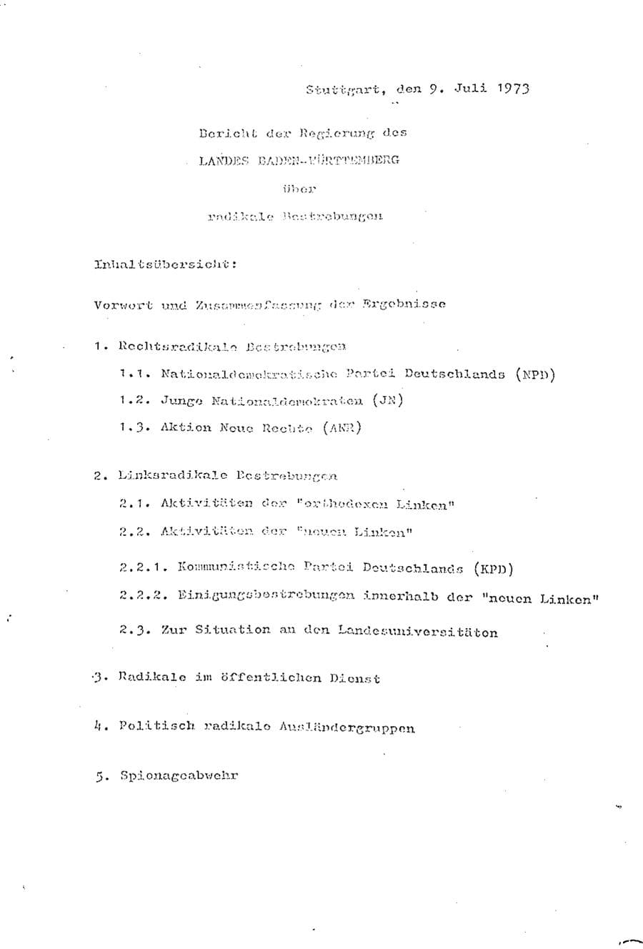 Seite 2 des Verfassungsschutzbericht 1973 Baden-Württemberg