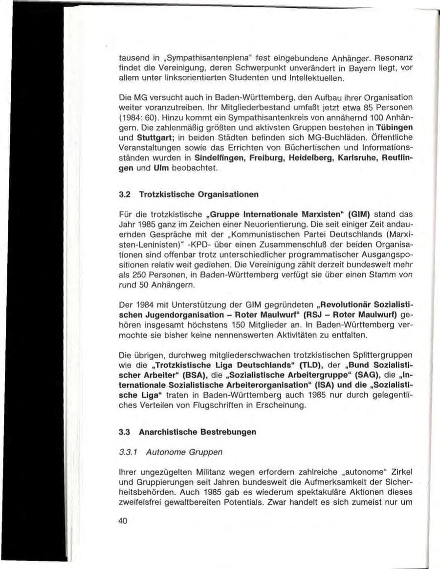 Seite 42 des Verfassungsschutzbericht 1985 Baden-Württemberg