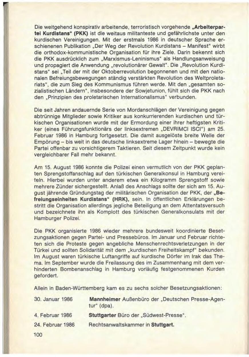 Seite 102 des Verfassungsschutzbericht 1986 Baden-Württemberg